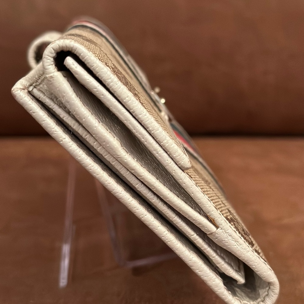 Gucci Ivory Leather/Canvas Monogram with Sherry Line Bifold Long Wallet - Picture 8 of 16